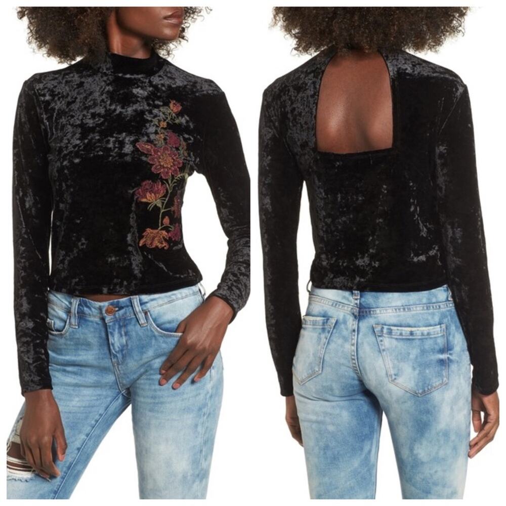 Black & Pink Crushed Velvet Blouse NWT Floral Beaded & Embroidered Gypsies